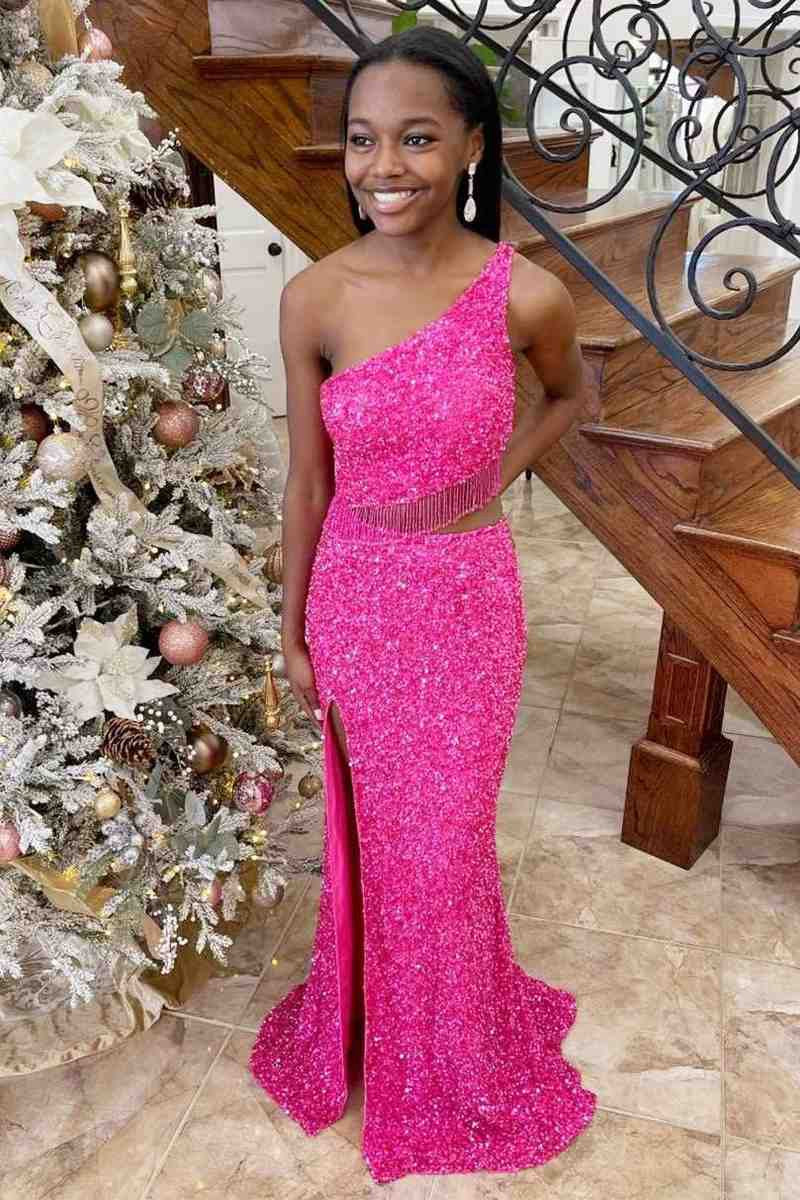 Two Piece Sequined One Shoulder Long Party Dresses with Tassel