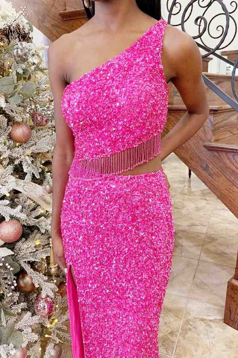 Two Piece Sequined One Shoulder Long Party Dresses with Tassel