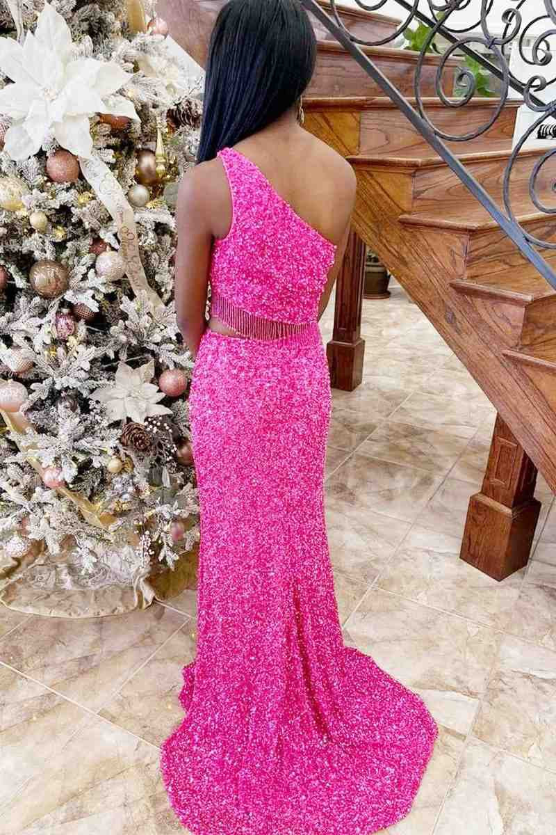 Two Piece Sequined One Shoulder Long Party Dresses with Tassel