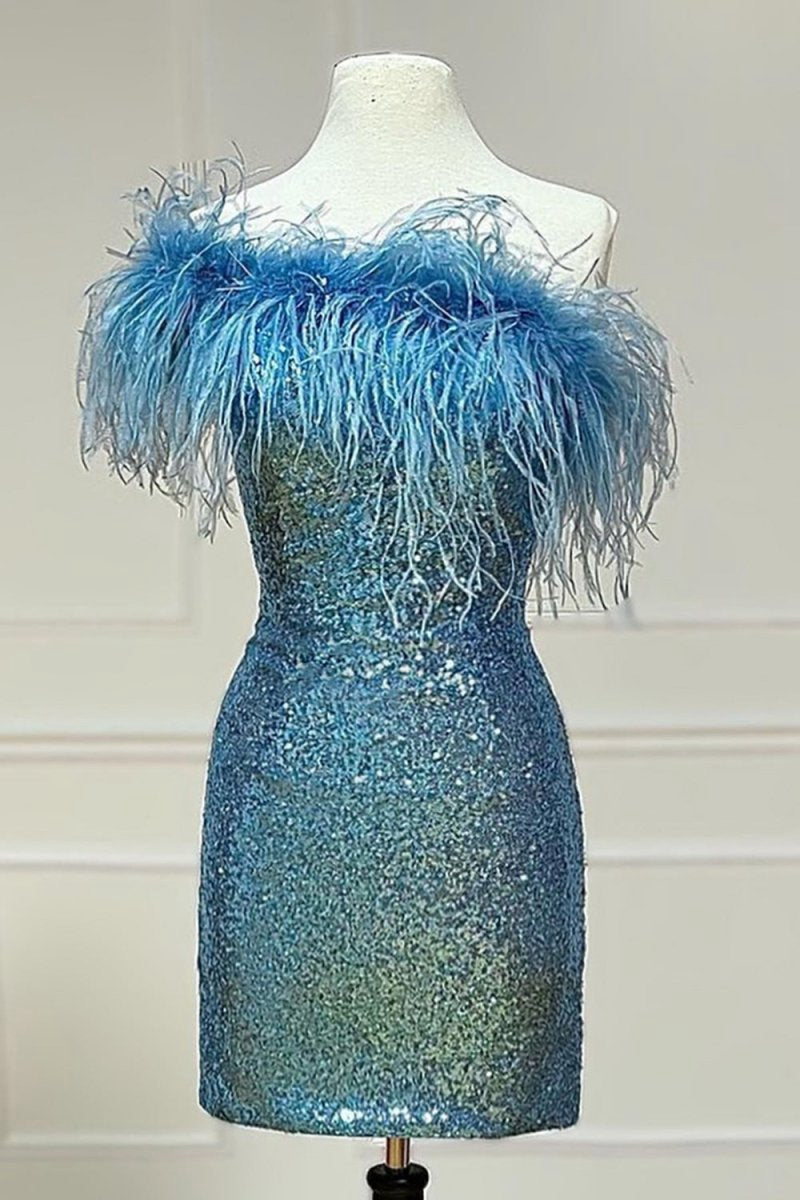 Sparkly Tight Sequins Homecoming Dresses with Feathers