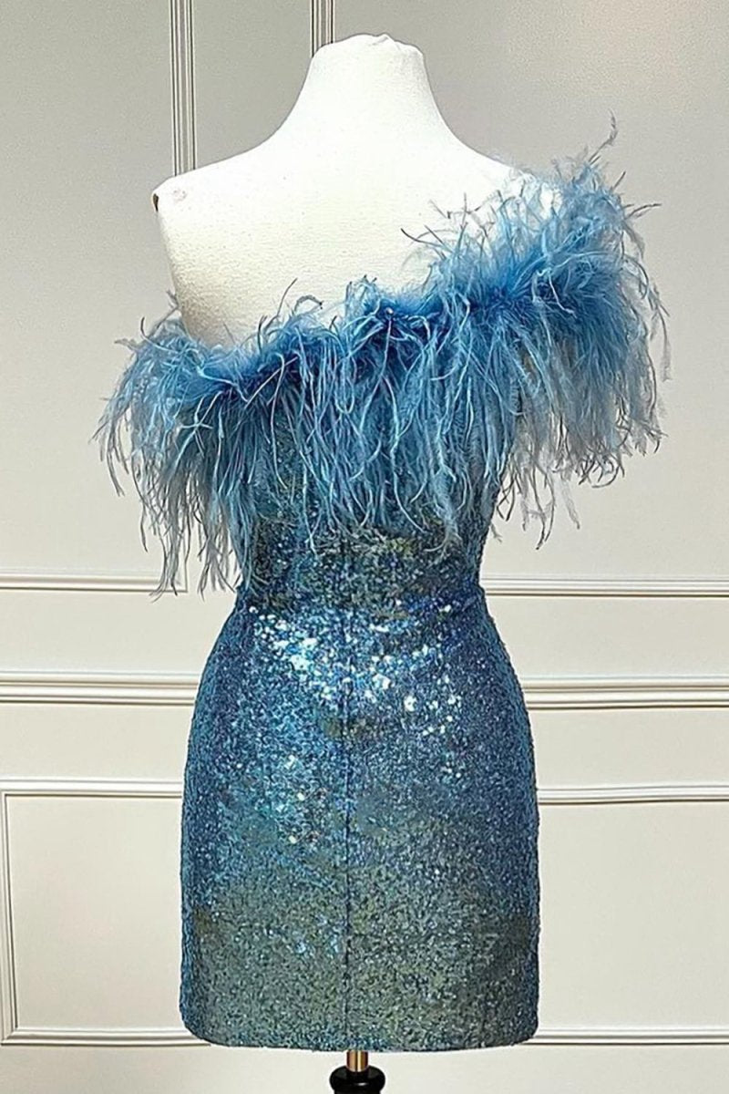 Sparkly Tight Sequins Homecoming Dresses with Feathers