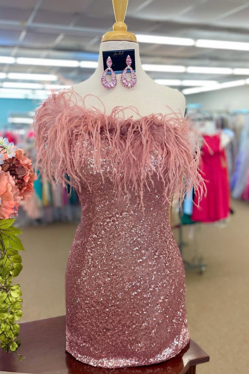 Sparkly Tight Sequins Homecoming Dresses with Feathers