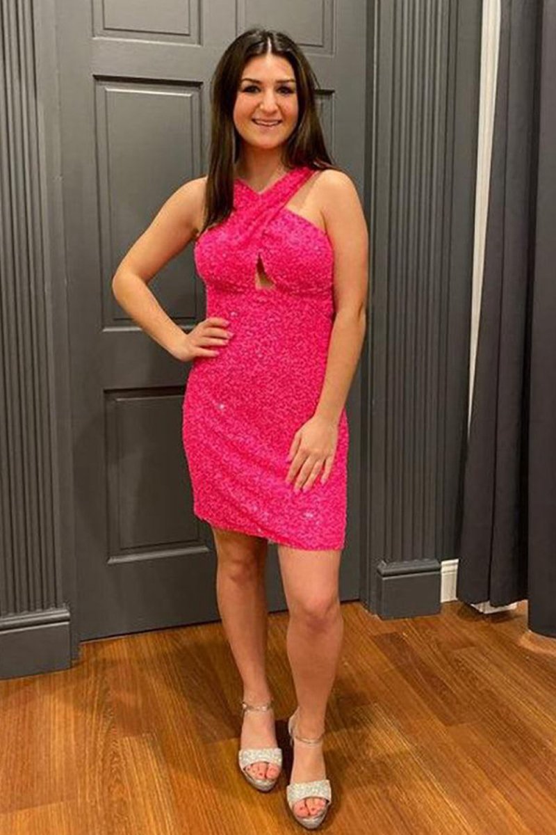 Glitter Turquoise Halter Backless Sequins Tight Homecoming Dresses
