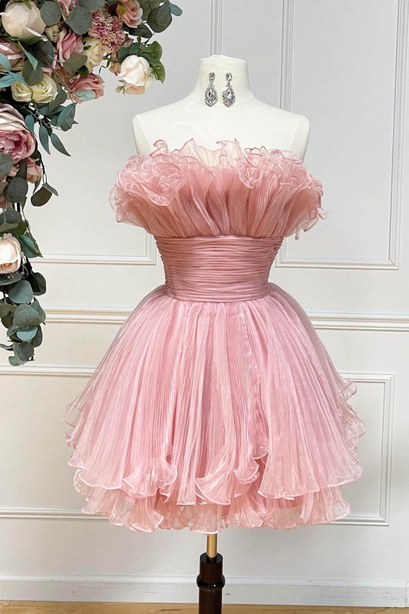 A-line Strapless Ruffled Short Homecoming Dresses