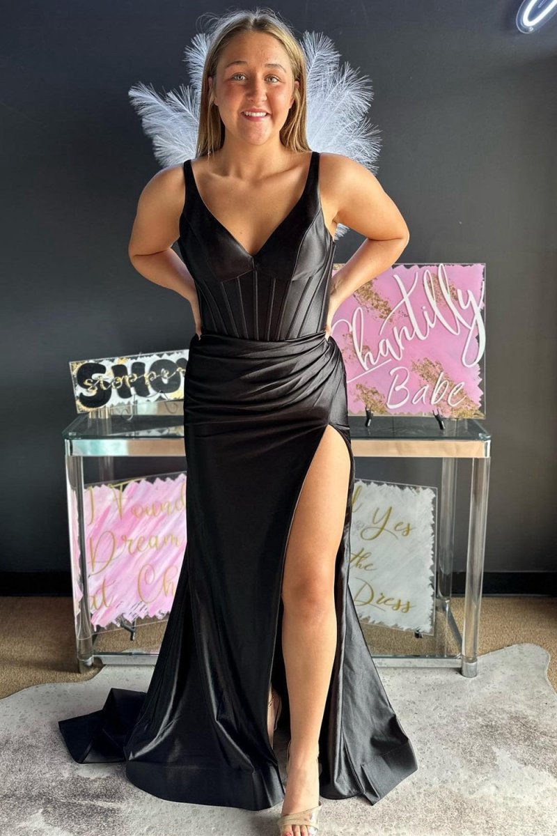 Grape Mermaid Satin V Neck Long Prom Dresses with Slit