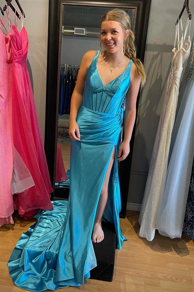 Grape Mermaid Satin V Neck Long Prom Dresses with Slit