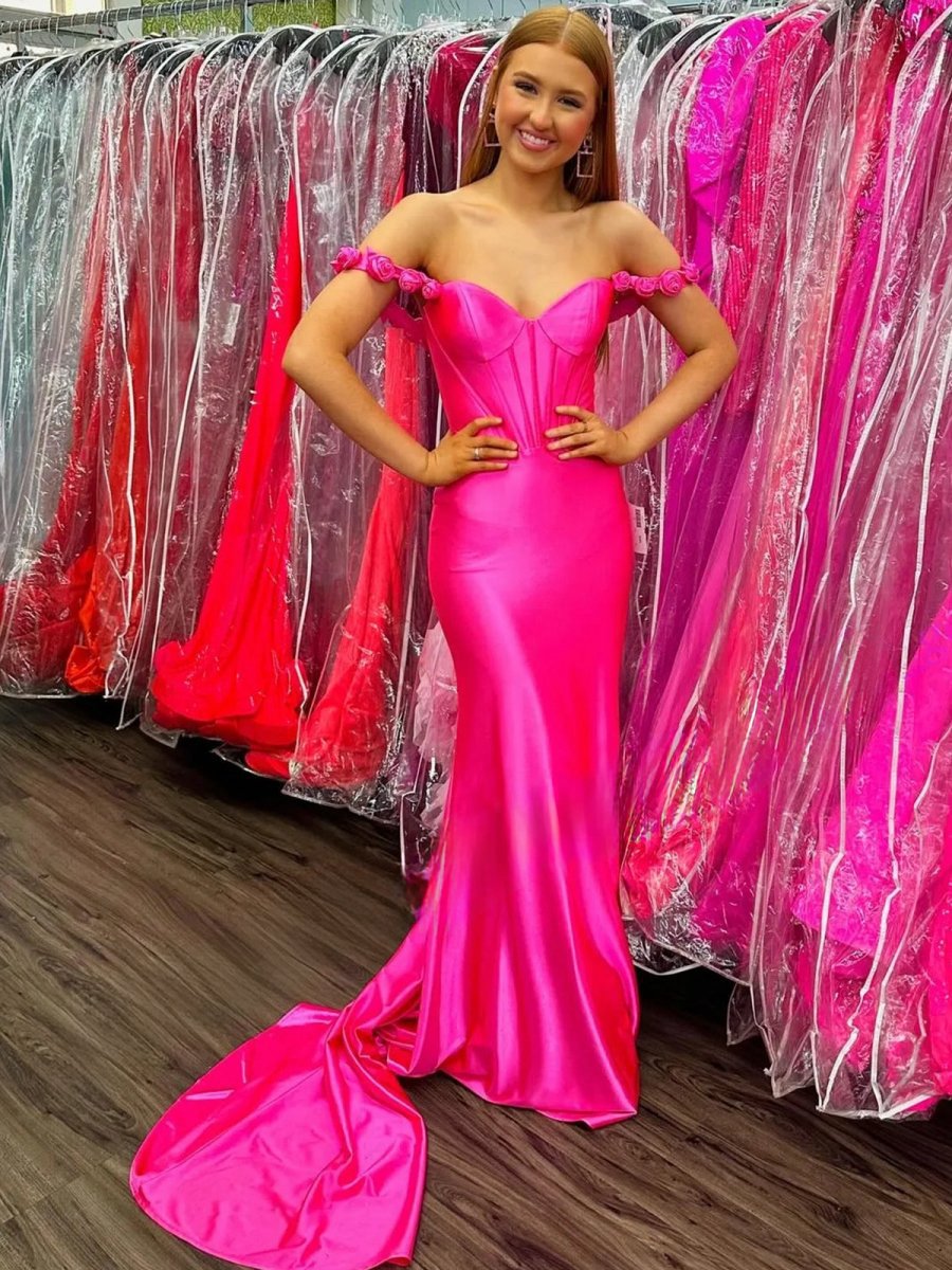 Floral Straps Mermaid Satin Long Prom Dresses