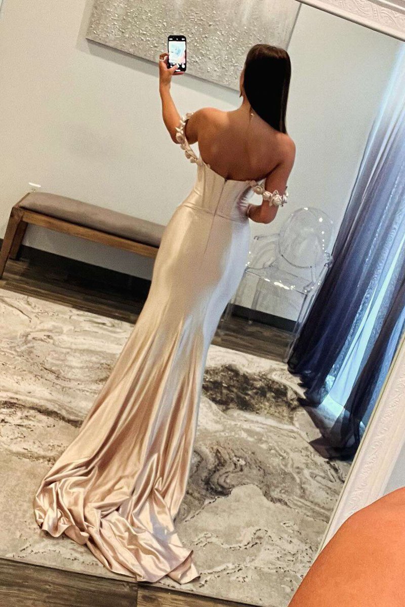 Floral Straps Mermaid Satin Long Prom Dresses