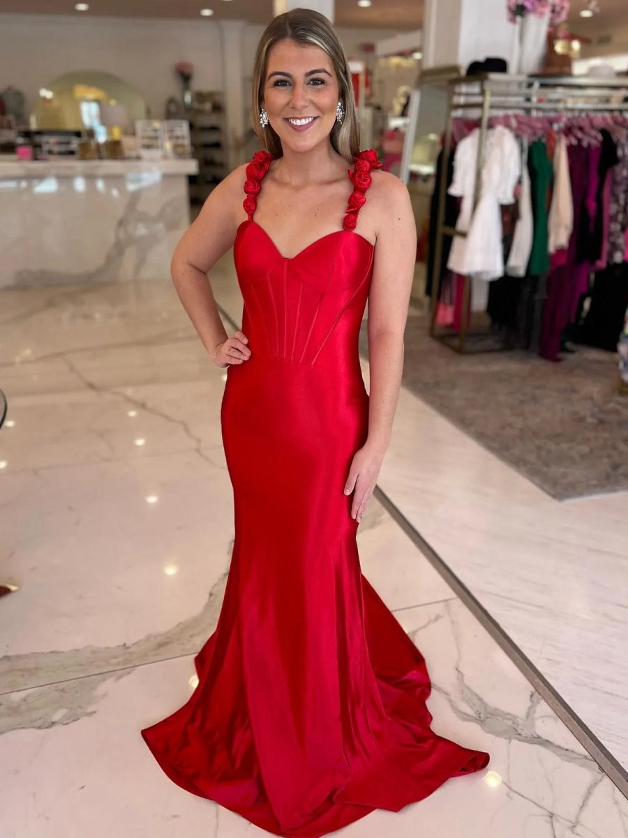 Floral Straps Mermaid Satin Long Prom Dresses
