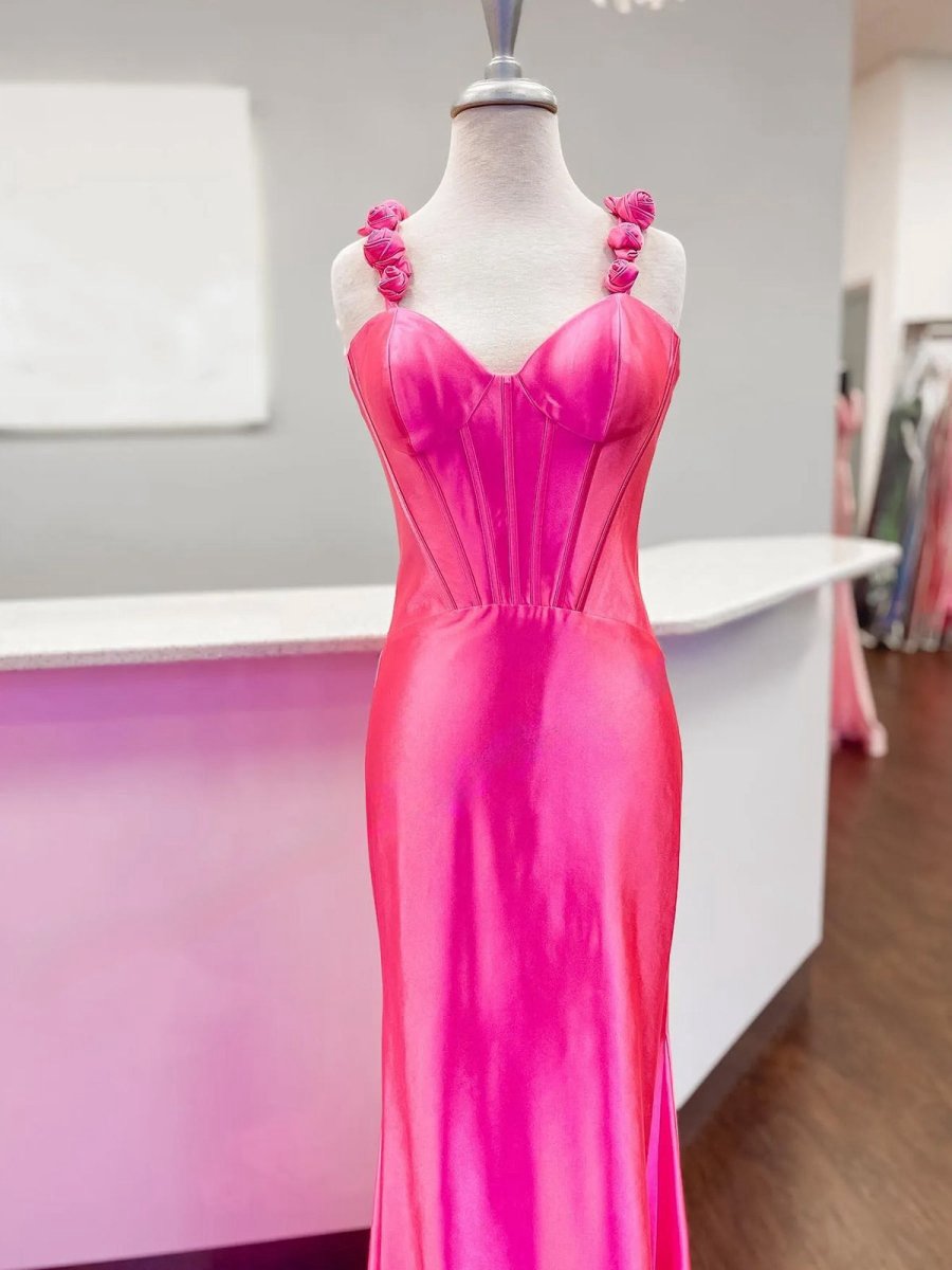 Floral Straps Mermaid Satin Long Prom Dresses