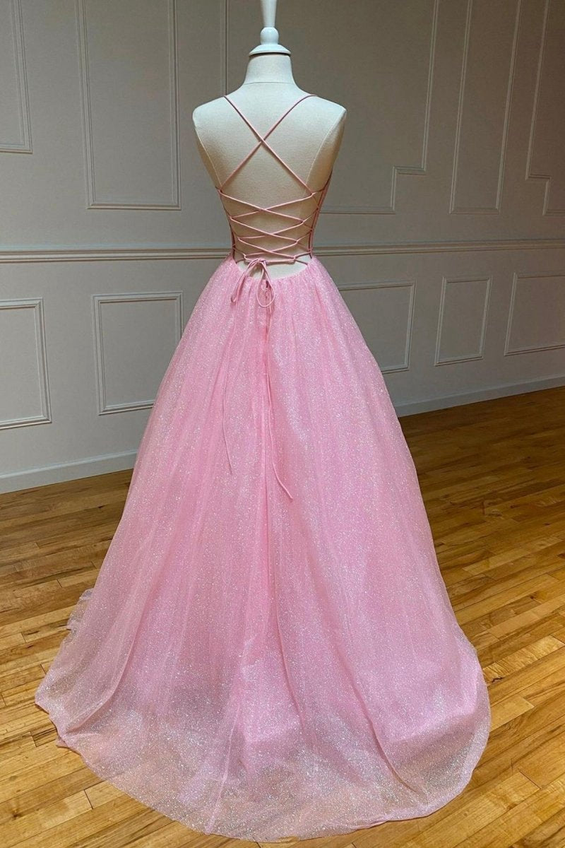 Tulle Long Backless Prom Dresses A-line V Neck Party Dresses