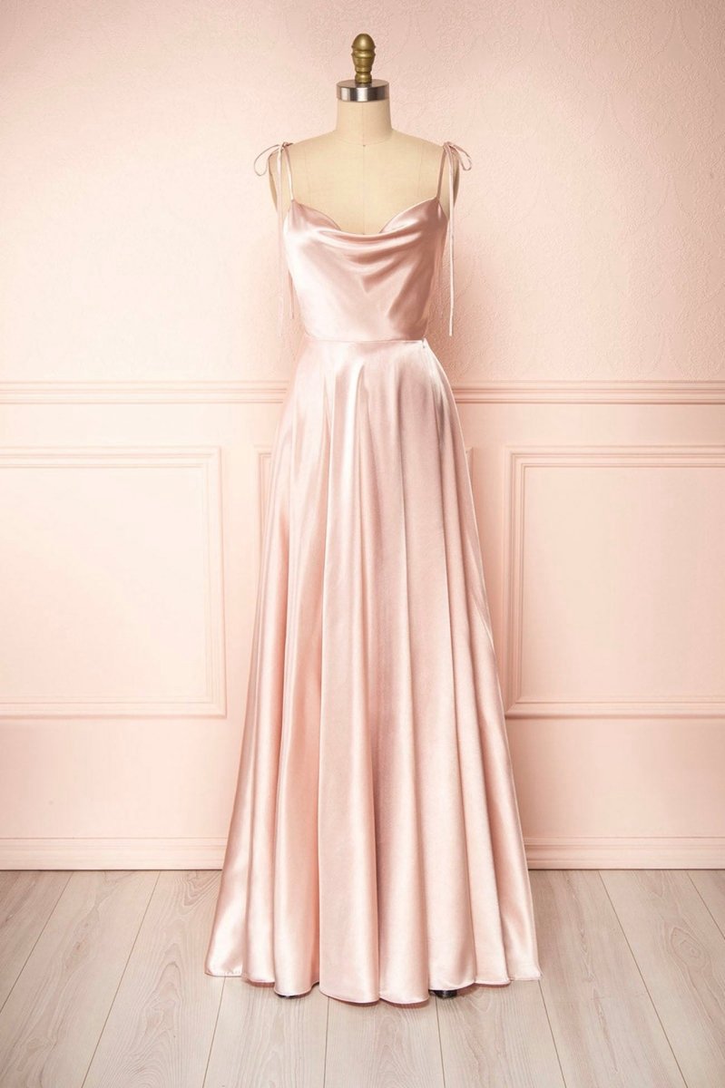 Simple Satin Long A-line Prom Dresses Spaghetti Straps Evening Dresses