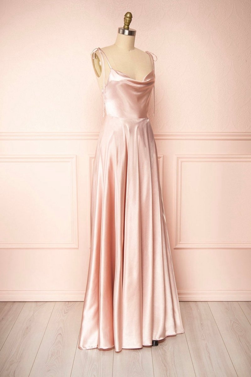 Simple Satin Long A-line Prom Dresses Spaghetti Straps Evening Dresses
