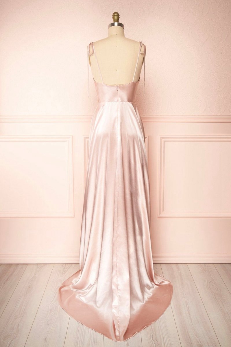 Simple Satin Long A-line Prom Dresses Spaghetti Straps Evening Dresses