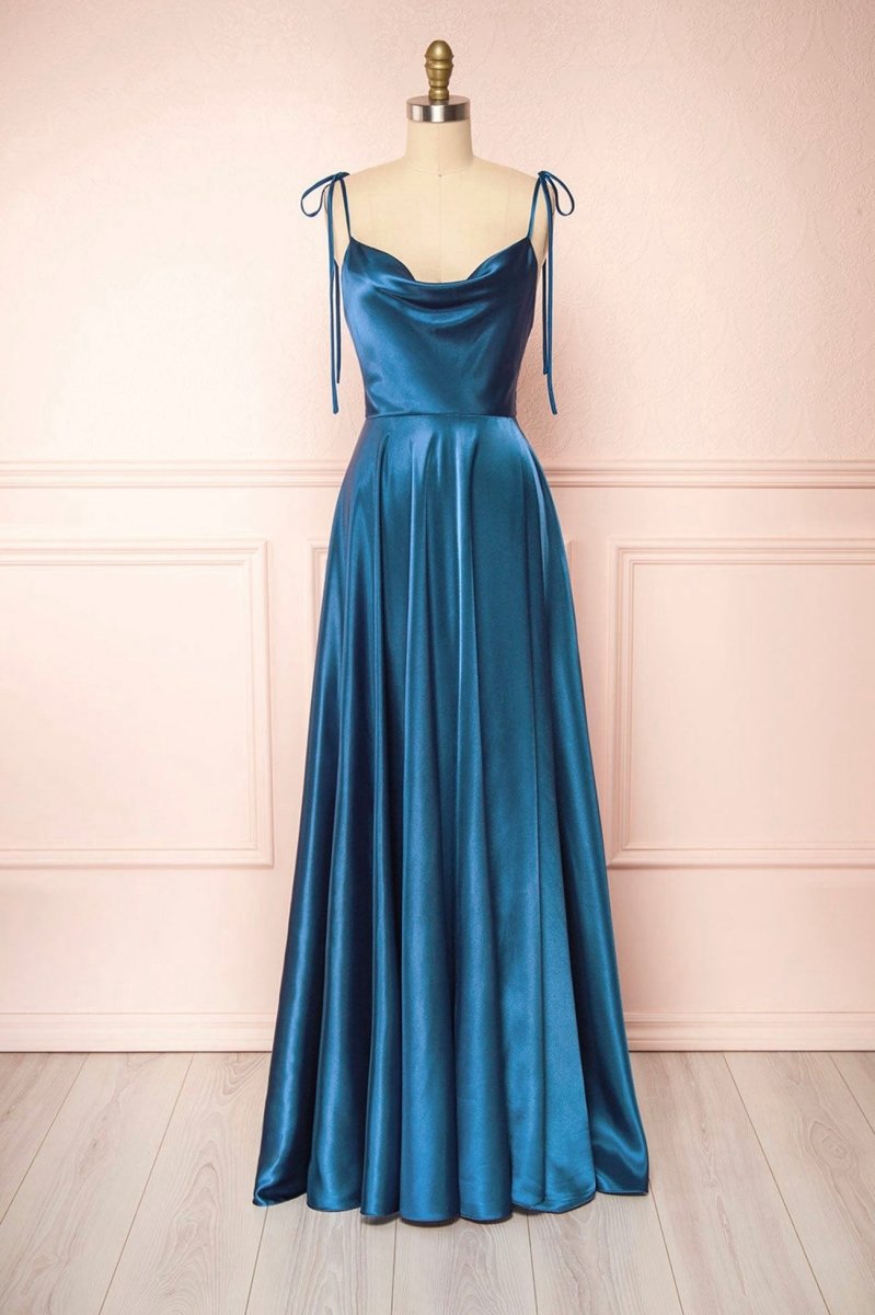 Simple Satin Long A-line Prom Dresses Spaghetti Straps Evening Dresses