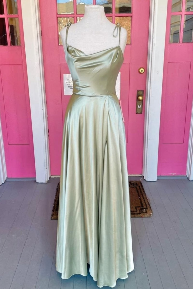 Simple Satin Long A-line Prom Dresses Spaghetti Straps Evening Dresses