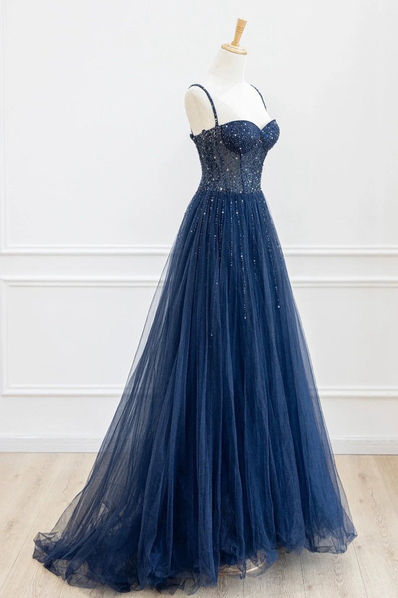 Tulle Beaded Long Prom Dresses Formal Dresses