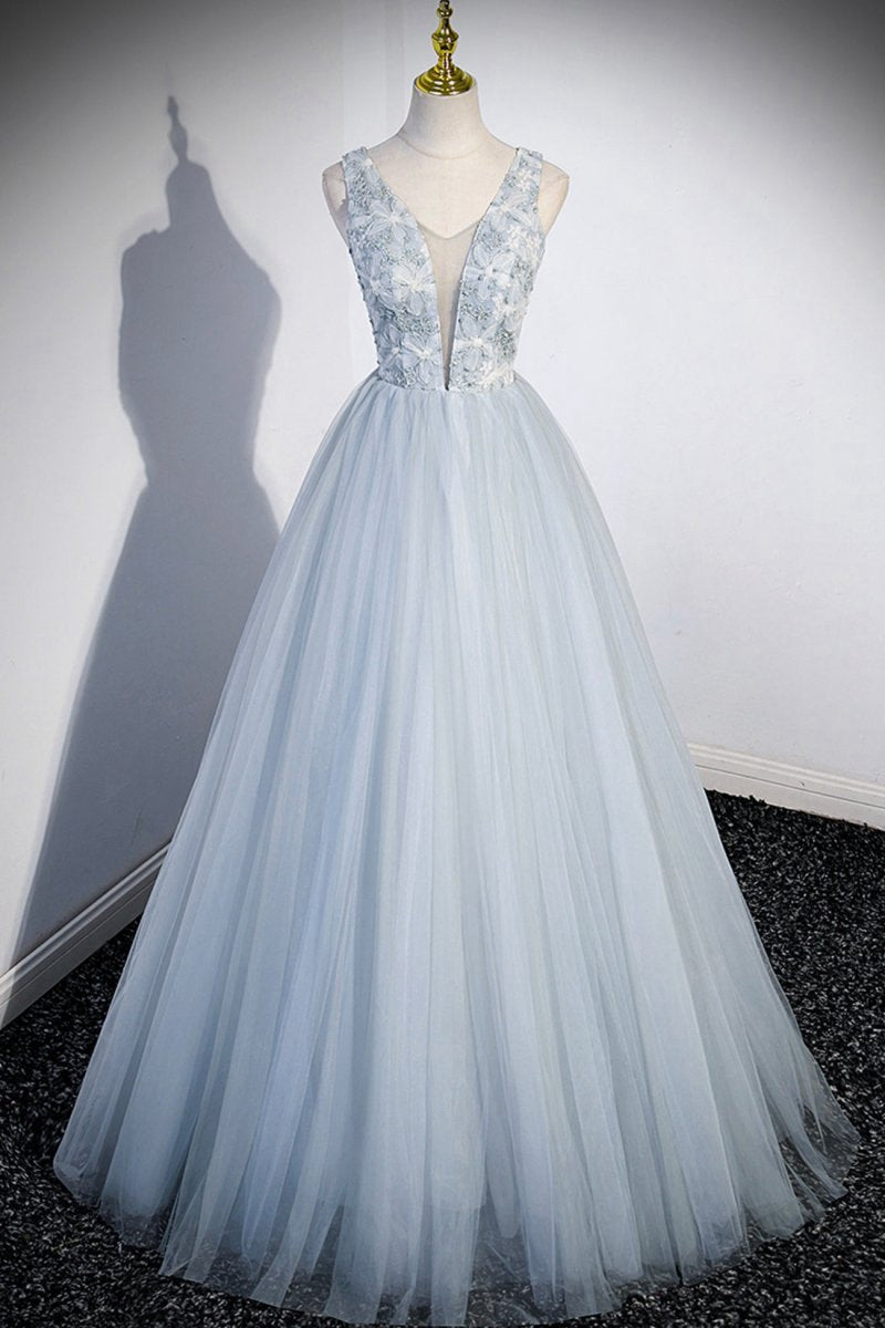Cute V-Neck Tulle Long Prom Dresses Evening Dresses Party Dresses