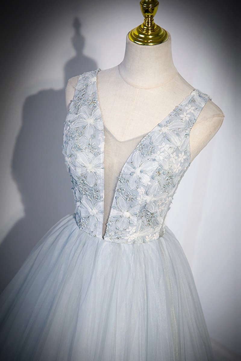 Cute V-Neck Tulle Long Prom Dresses Evening Dresses Party Dresses