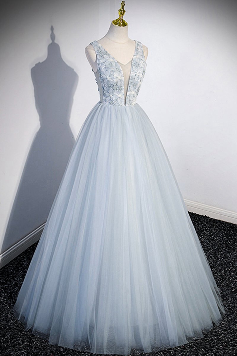 Cute V-Neck Tulle Long Prom Dresses Evening Dresses Party Dresses