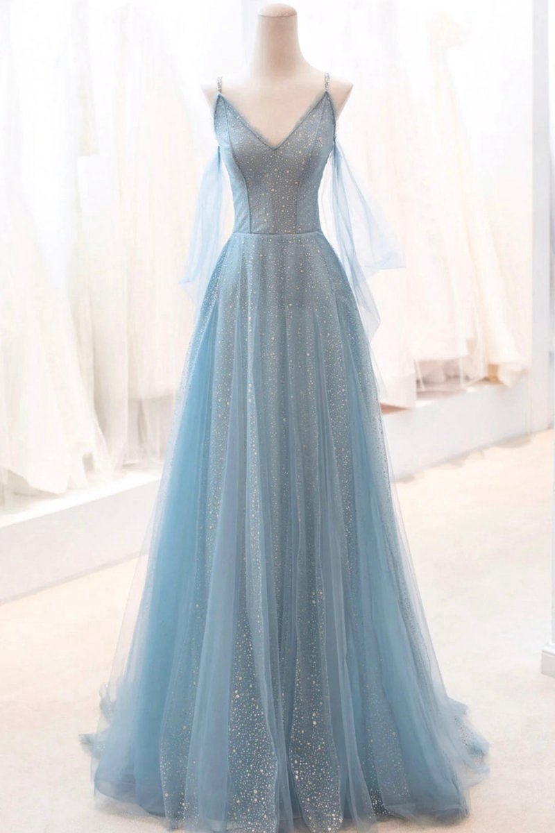 Dusty Sparkly Tulle Long Prom Dresses A-line Spaghetti Strap Evening Dresses