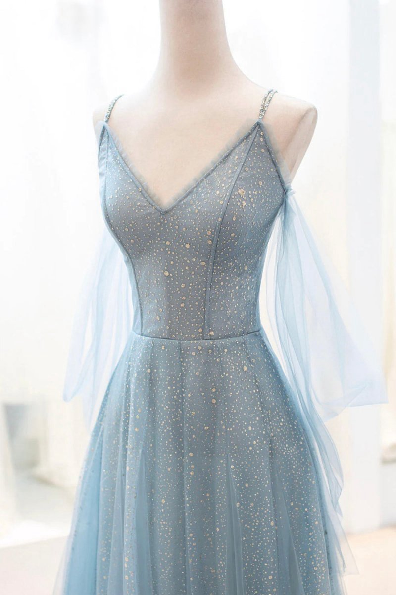 Dusty Sparkly Tulle Long Prom Dresses A-line Spaghetti Strap Evening Dresses