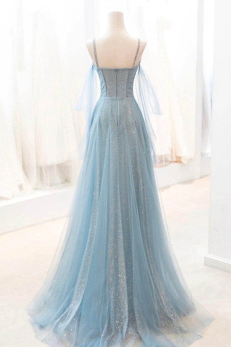 Dusty Sparkly Tulle Long Prom Dresses A-line Spaghetti Strap Evening Dresses