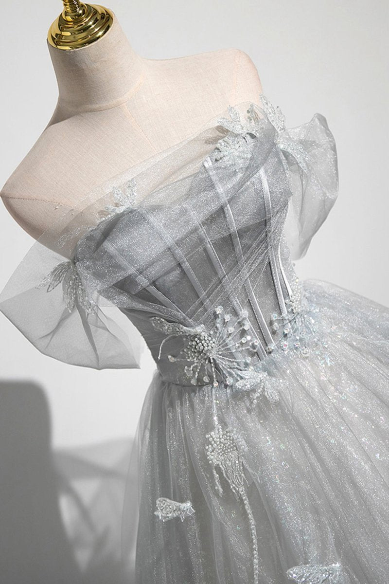 A-line Off the Shoulder Tulle Prom Dresses Lovely Corset Floor Length Party Dresses