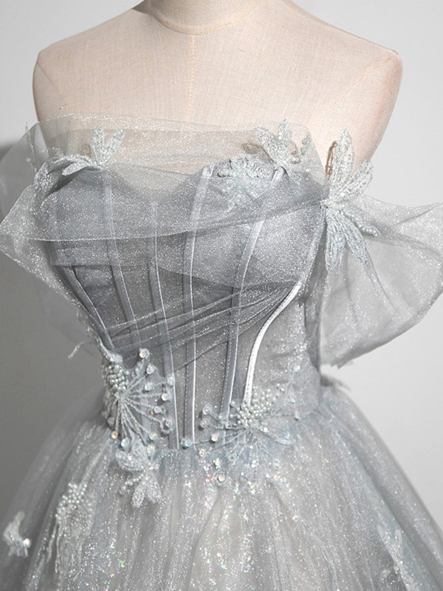 A-line Off the Shoulder Tulle Prom Dresses Lovely Corset Floor Length Party Dresses