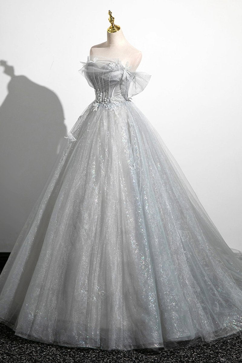 A-line Off the Shoulder Tulle Prom Dresses Lovely Corset Floor Length Party Dresses