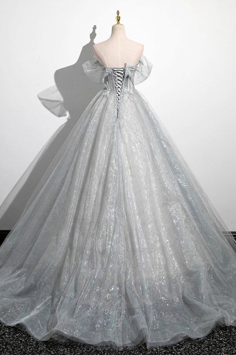 A-line Off the Shoulder Tulle Prom Dresses Lovely Corset Floor Length Party Dresses