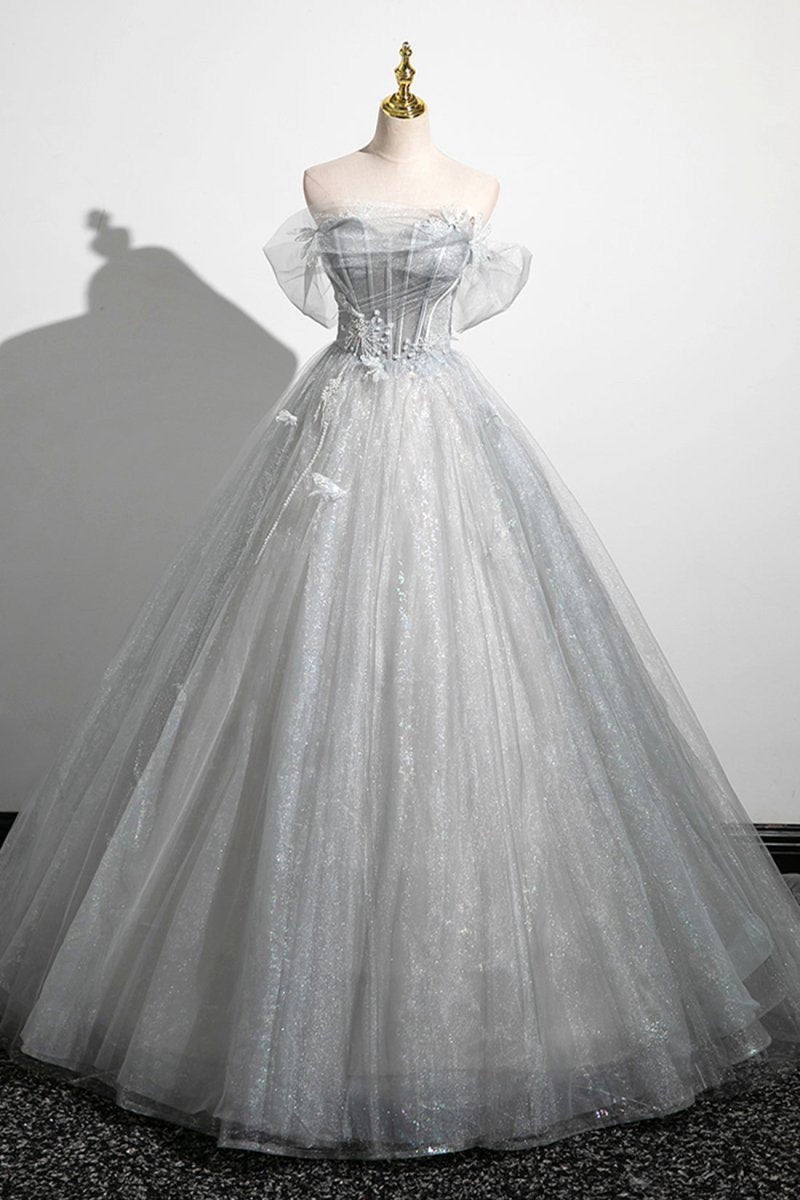 A-line Off the Shoulder Tulle Prom Dresses Lovely Corset Floor Length Party Dresses