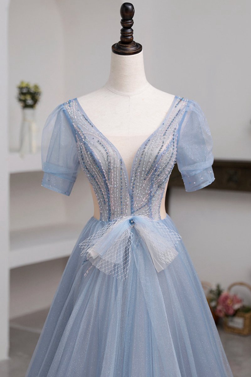 Short Sleeve Tulle Floor Length Prom Dresses with Beaded