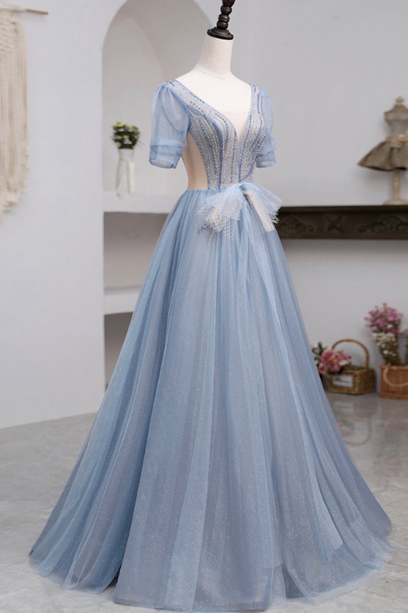 Short Sleeve Tulle Floor Length Prom Dresses with Beaded
