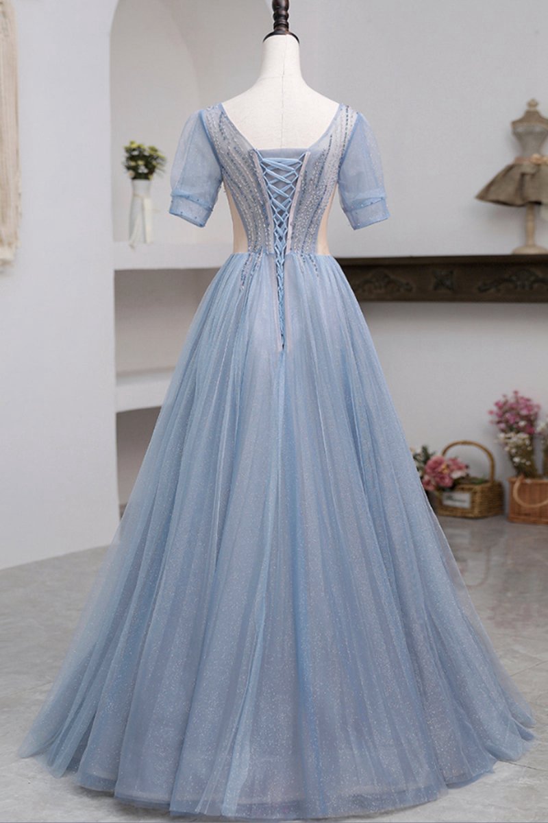 Short Sleeve Tulle Floor Length Prom Dresses with Beaded
