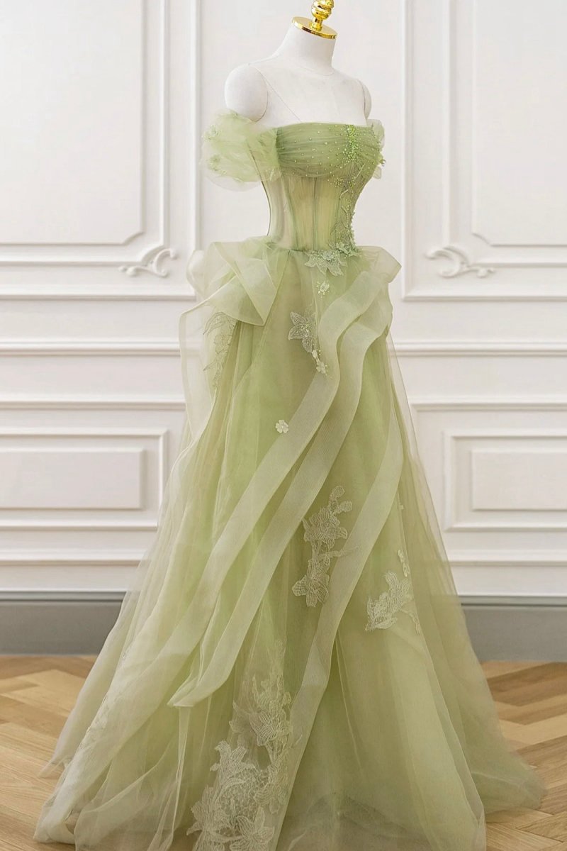 Tulle Lace Long Prom Dresses with Corset Formal Party Dresses