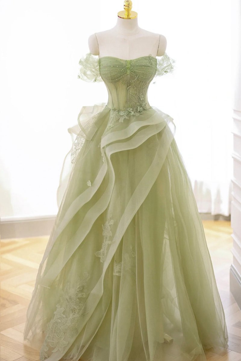 Tulle Lace Long Prom Dresses with Corset Formal Party Dresses