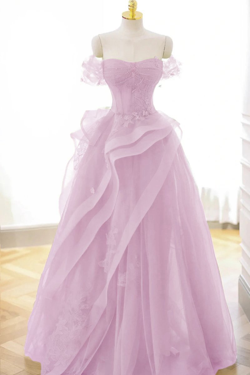 Tulle Lace Long Prom Dresses with Corset Formal Party Dresses