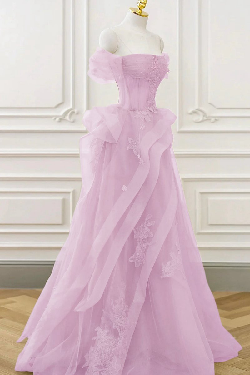 Tulle Lace Long Prom Dresses with Corset Formal Party Dresses