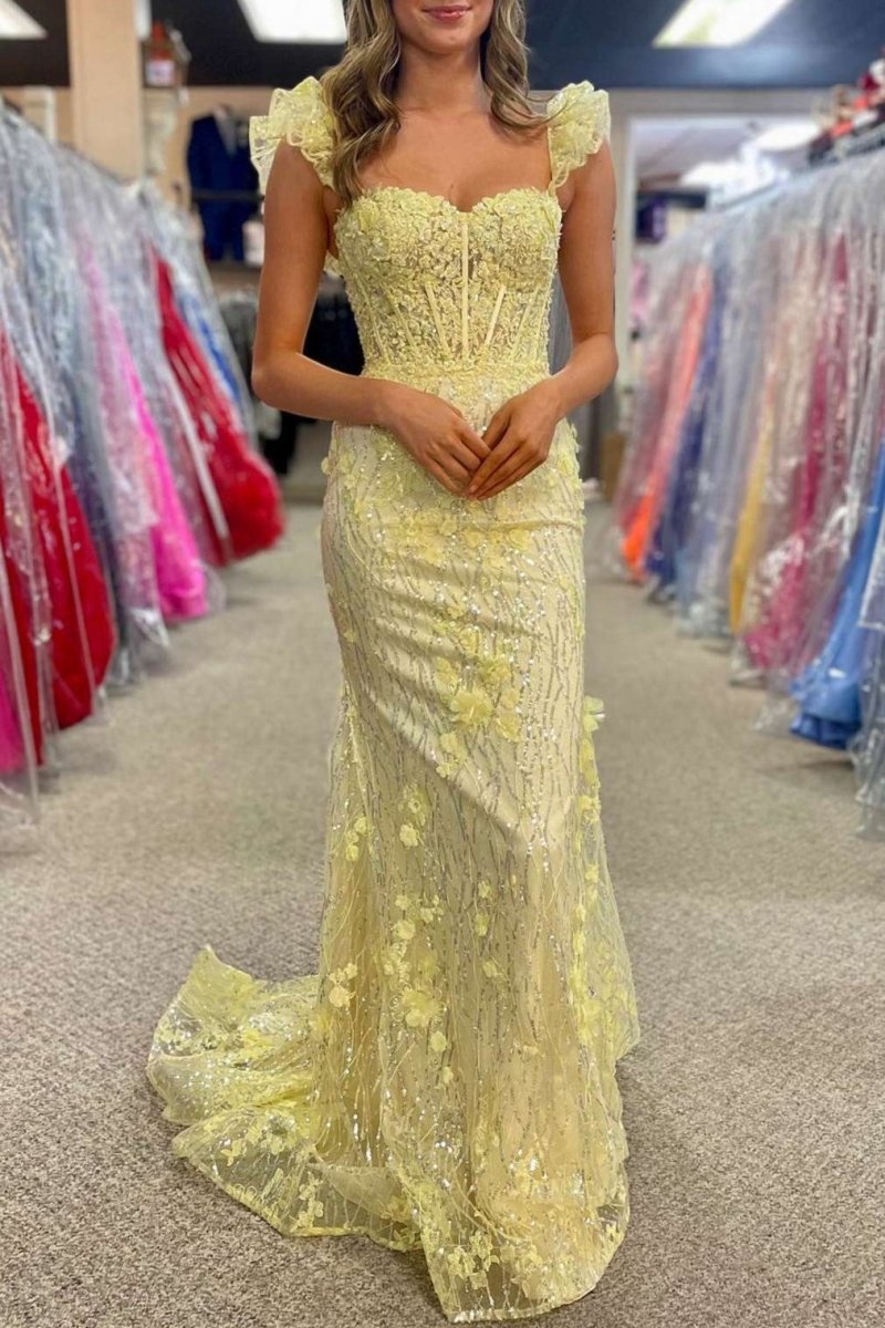 Ruffle Straps 3D Flower Mermaid Long Prom Dresses