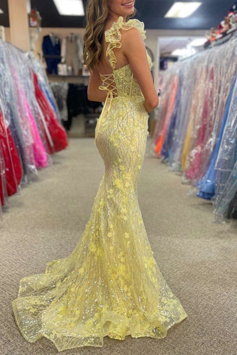 Ruffle Straps 3D Flower Mermaid Long Prom Dresses