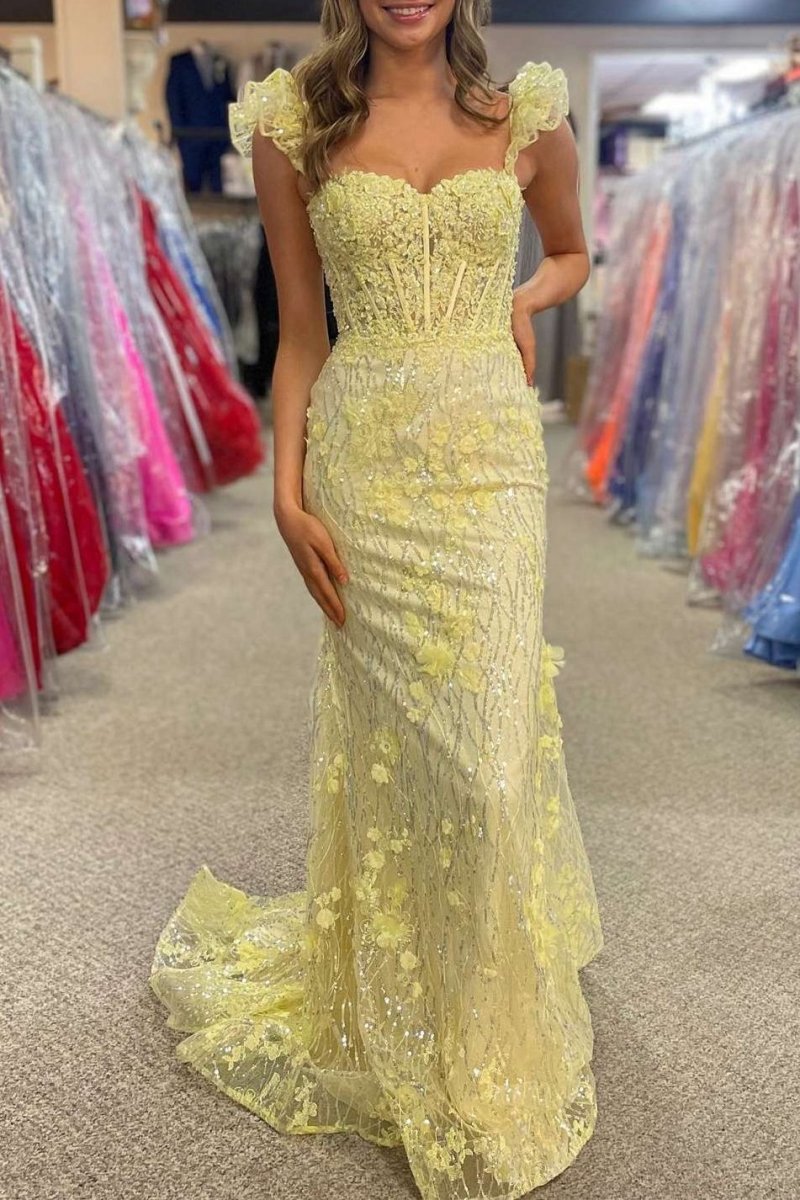 Ruffle Straps 3D Flower Mermaid Long Prom Dresses