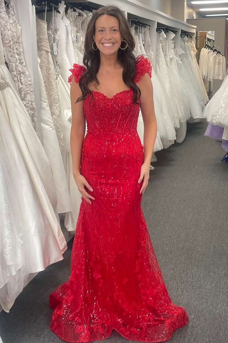 Ruffle Straps 3D Flower Mermaid Long Prom Dresses