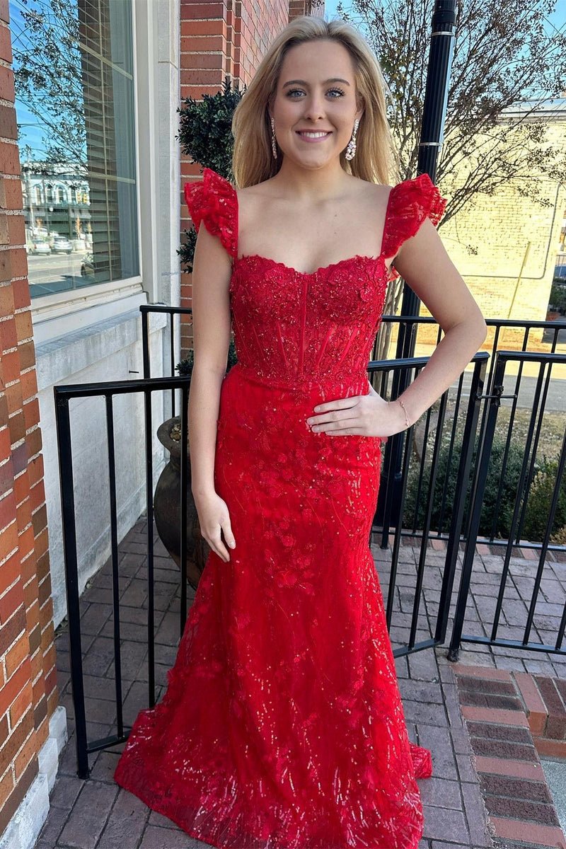 Ruffle Straps 3D Flower Mermaid Long Prom Dresses