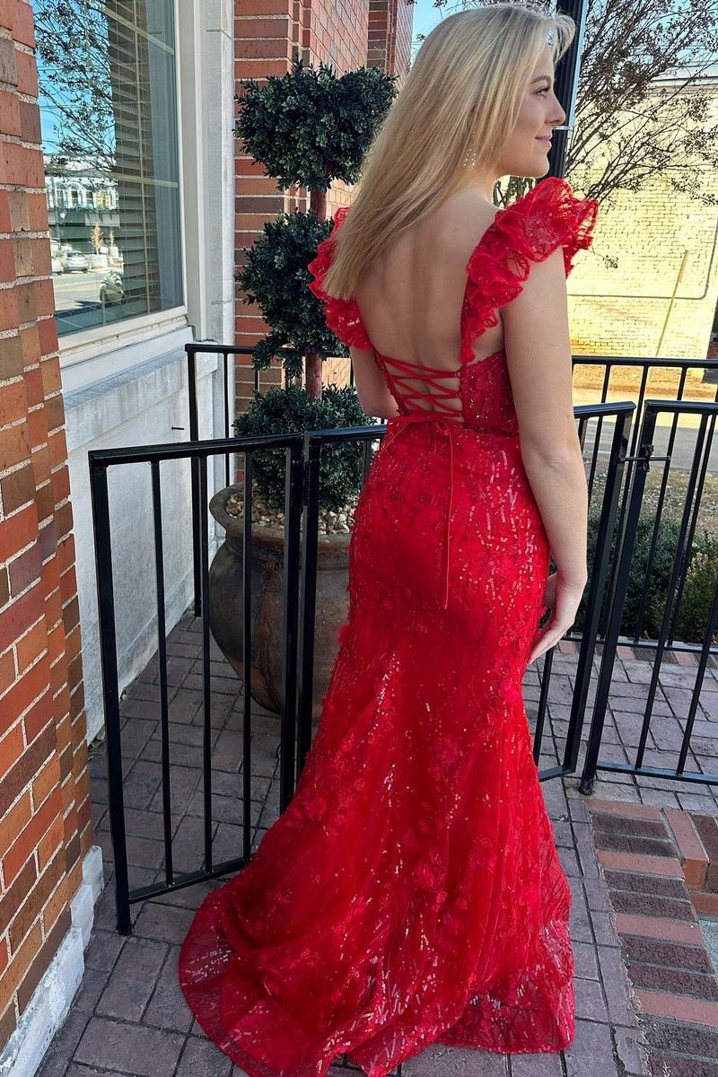Ruffle Straps 3D Flower Mermaid Long Prom Dresses