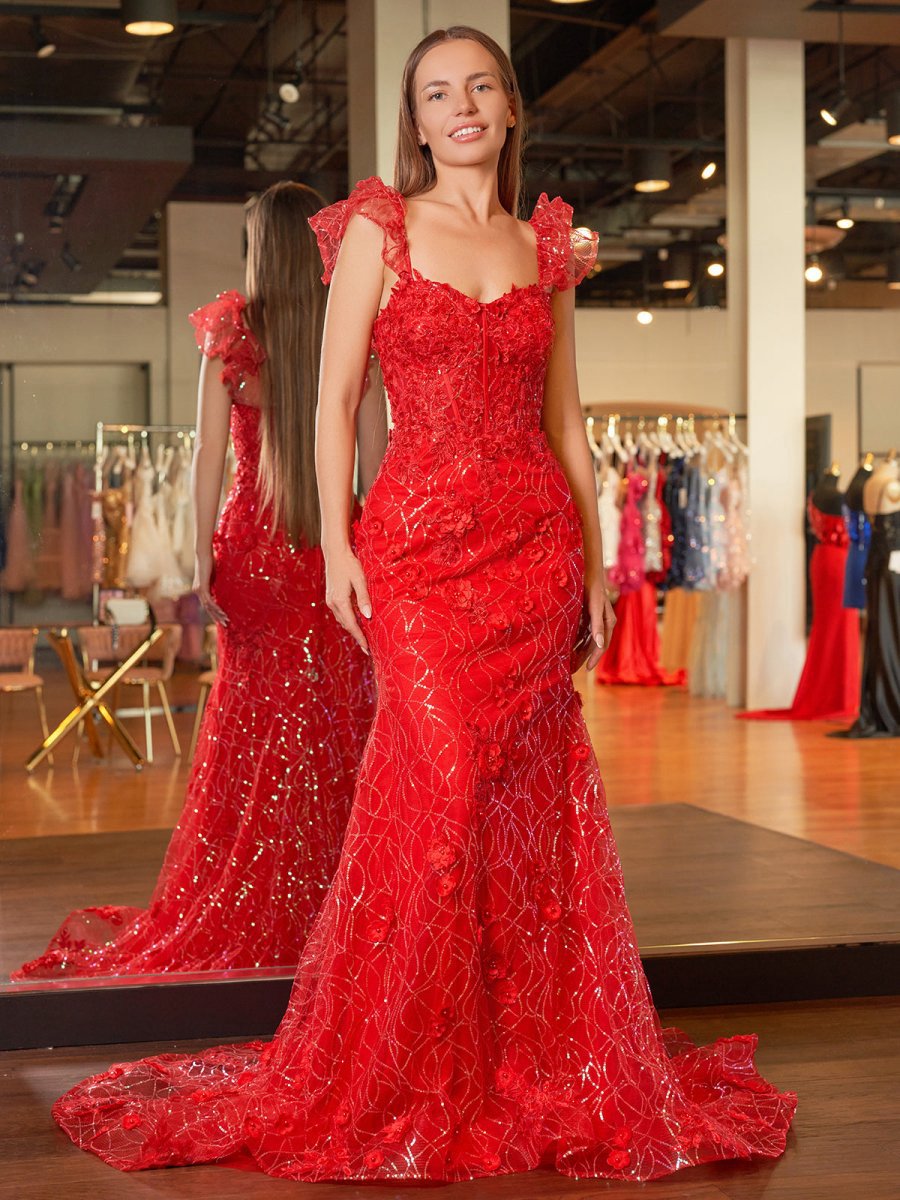 Ruffle Straps 3D Flower Mermaid Long Prom Dresses