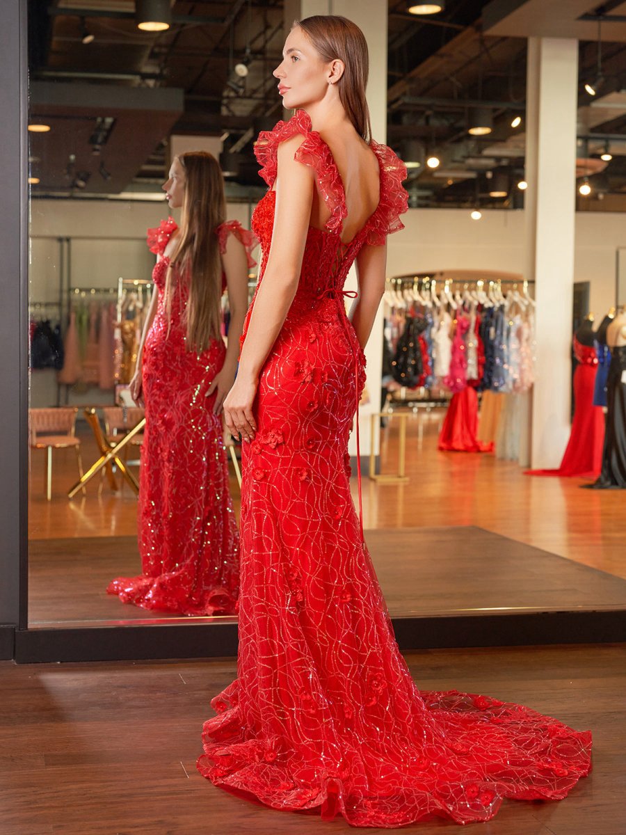 Ruffle Straps 3D Flower Mermaid Long Prom Dresses