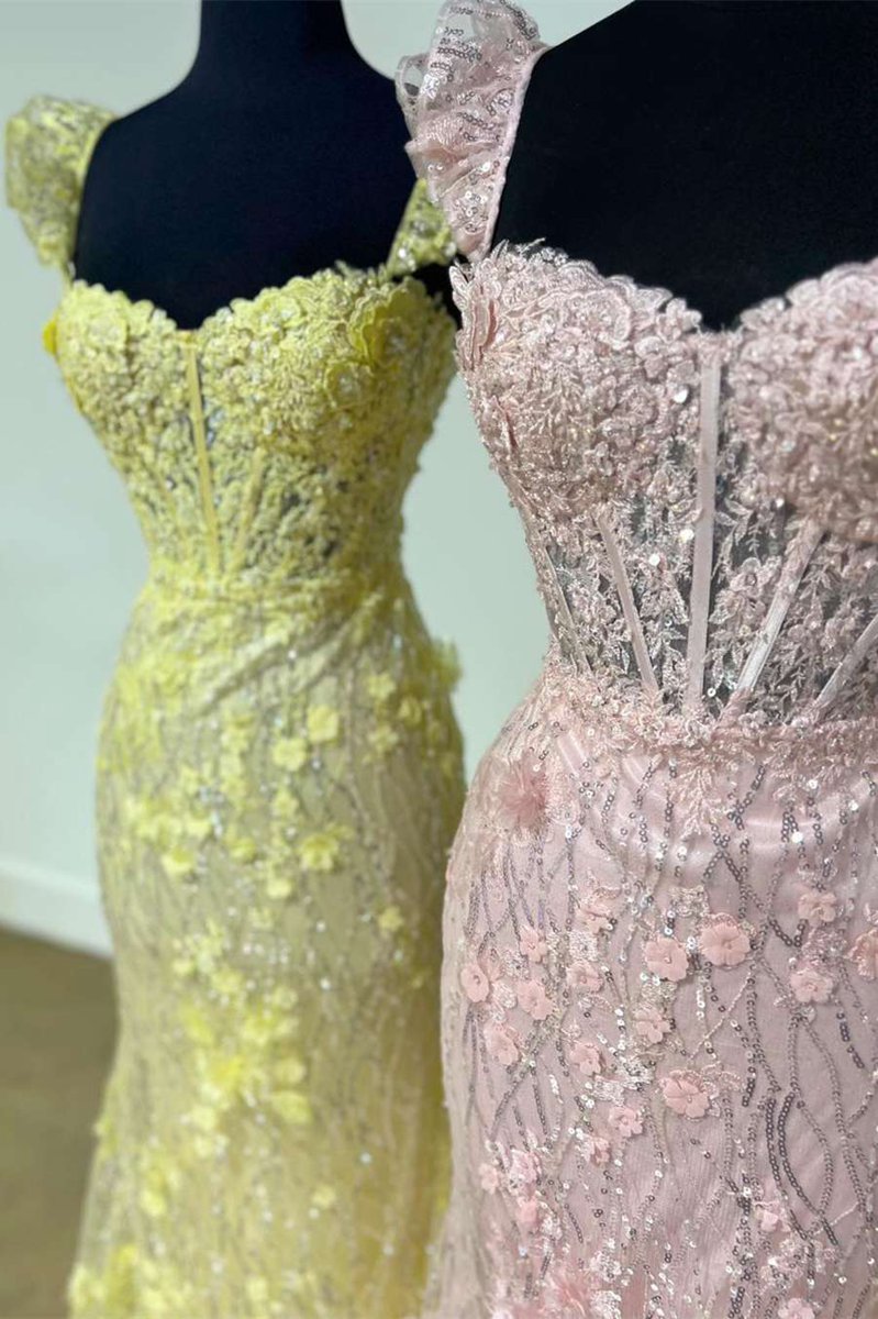 Ruffle Straps 3D Flower Mermaid Long Prom Dresses