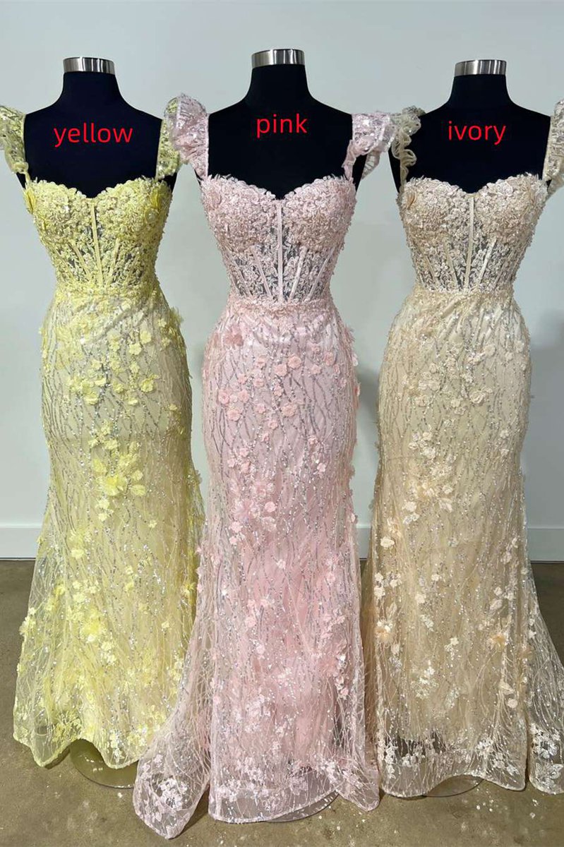 Ruffle Straps 3D Flower Mermaid Long Prom Dresses