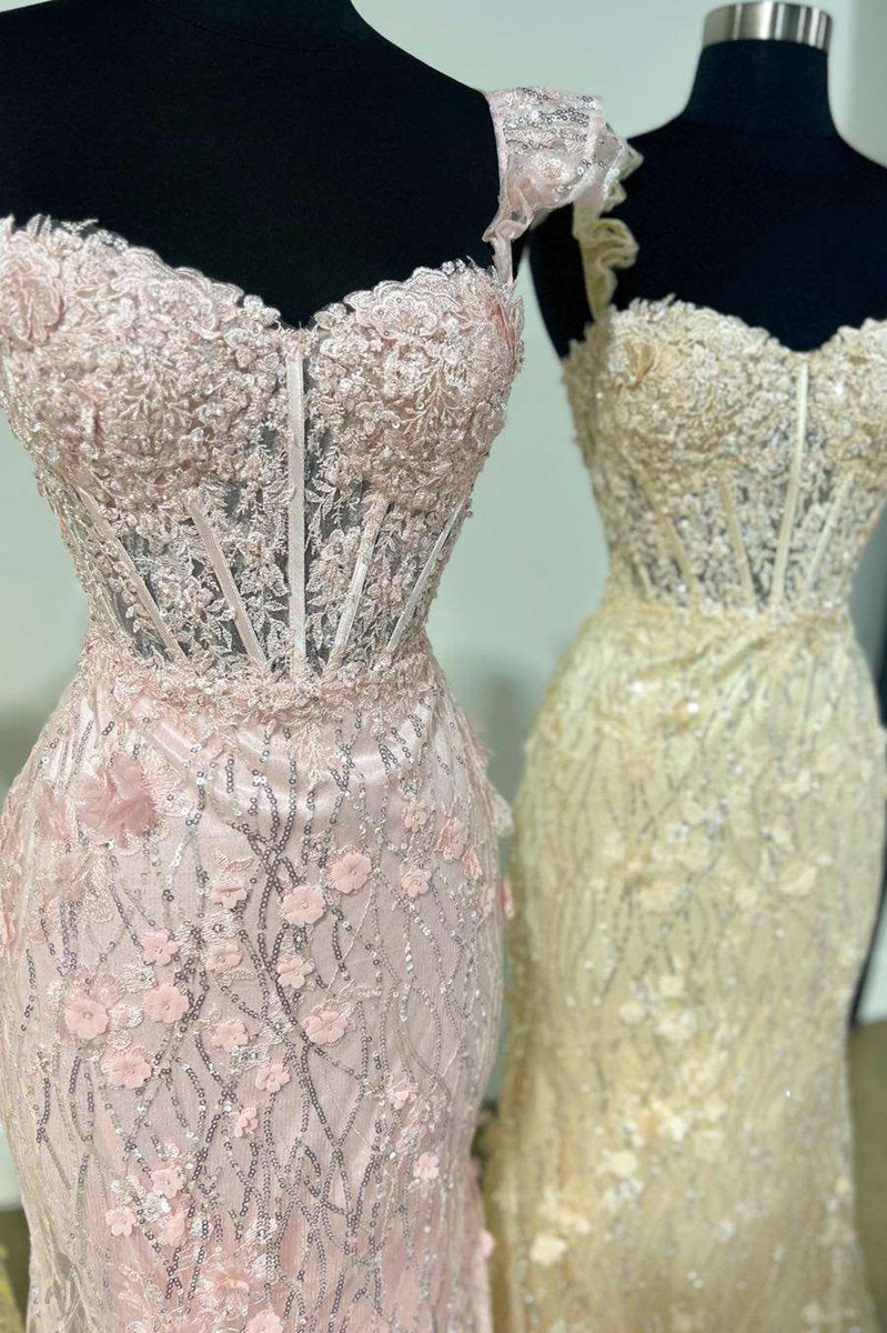 Ruffle Straps 3D Flower Mermaid Long Prom Dresses